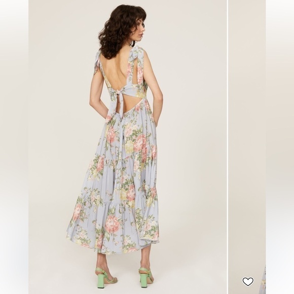 Yumi Kim Tinley Dress Blue Pink Floral Tie Strap Ruffle Midi Dress 10 Wedding - Picture 3 of 13